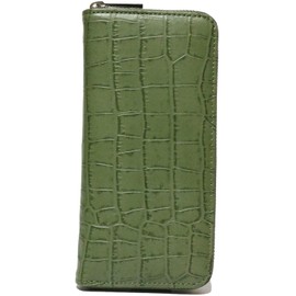 Belkut 1030212-F-130 Green Genuine Cowhide Leather Wallet, Round Zipper, Long Wallet, Men's, Women's, Bifold Wallet, Long Wallet, Crocodile, Thin