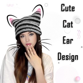 Y2K Beanie for Women Crochet Hat with Cat Ear Cute Fox Hat Vintage Grunge Accessories Knit Cap Slouchy Beanie Green