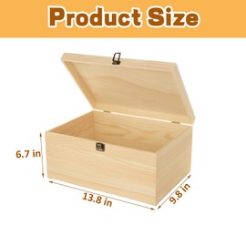 YAYODS Wooden Box with Hinged Lid, 13.7 x 9.8 x 6.7 Inch Large Wood Storage Box, Unfinished Wooden Keepsake Box for Crafts Art and DIY Hobbies, Jewelry, and Home Storage