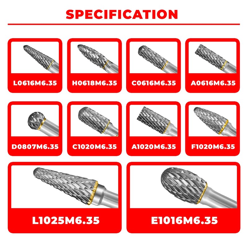 Tungsten Carbide Burr Set 1/4" Shank 10PC Double Cut Rotary