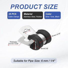 PATIKIL 6mm (1/4") Cable Clamps, 25 Pcs Rubber Coated Cushioned Pipe Clamps 304 Stainless Steel Insulated Wire Clamp for Tube Pipe Wire Cord Installation, Black