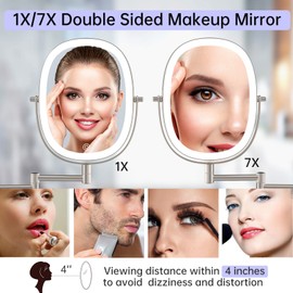 Lighted Wall Mounted Makeup Mirror, Double Sided 1X/7X Magnifying Mirror, 3 Color Lighting Option Dimmable, 360 Rotation Extension Foldable Arm, Oval Frame Rechargeable Vanity Mirror with Lights