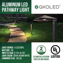 GKOLED 6 Pack UL Listed Low Voltage Pathway Lights, 12V 3W 140LM 3000K Waterproof LED Landscape Lighting, for Outdoor Walkway, Sidewalk, Driveway, with Large Stake, Die-cast Aluminum Housing, Black