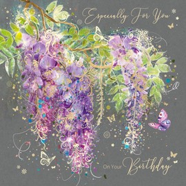 Cherry Orchard Whisteria Happy Birthday Card with Gold Foil Detailing and Gold Envelope Grace Range from