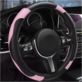 Wevdn - Funda elástica para volante de coche, piel de microfibra y fibra de carbono, con forro antideslizante, accesorios interiores del coche (negro y rosa)