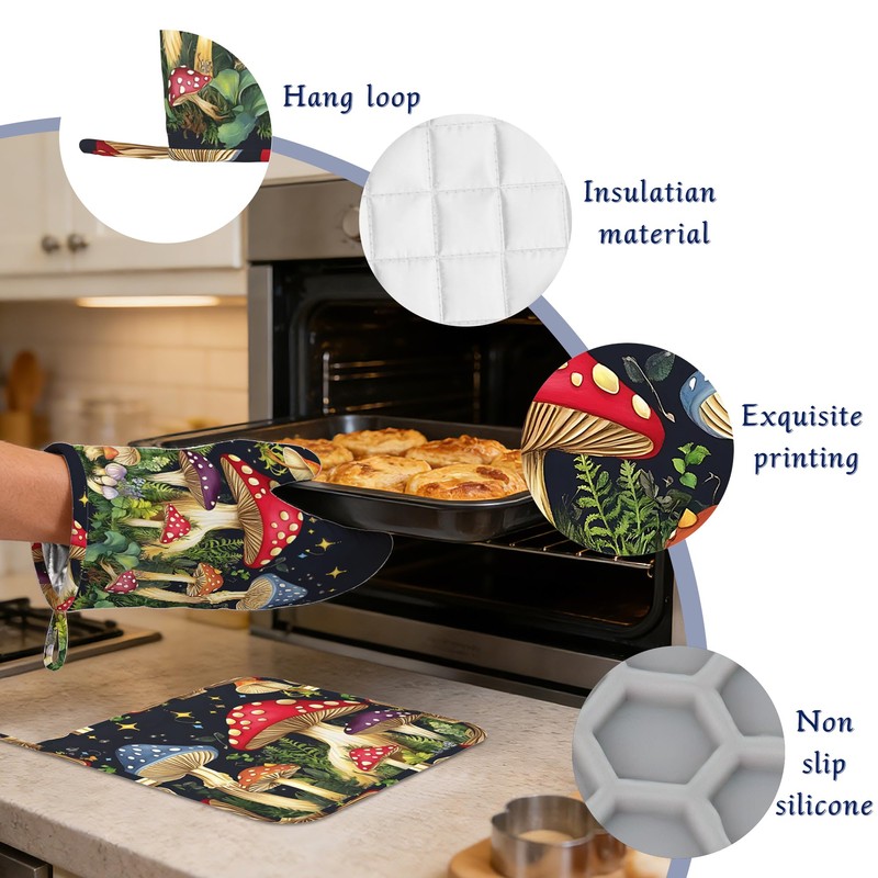 Mushroom Oven Mitts and Pot Holders Sets of 4 Boho