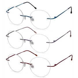 Eyekepper 3-Pack Round Rimless Metal Reading Glasses Women Men - Circle Frameless Readers (Blue/Red/Purple)+3.50, 3 Pack Mix-blue/Red/Purple