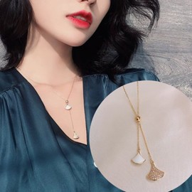 Aneneiceera Boho Ginkgo Pendant Long Necklace Retro Minimalist Full Diamond Pendant Rhinestone Necklace Chain Gold Simple Y Necklace CZ Adjustable Gold Chain Handmade Jewellery for Women Girls, Metal,