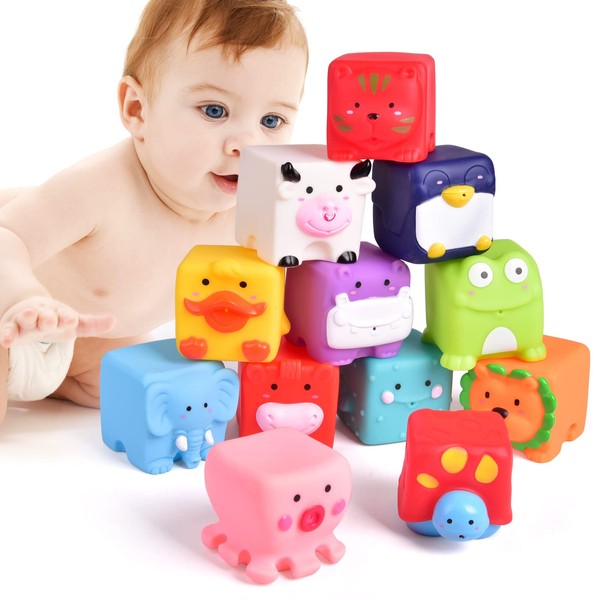 FUN LITTLE TOYS Soft Stacking Blocks for Baby, Soft Cube Bath Toys, Squeeze Water Toys Building Blocks for Kids, 12 Pieces