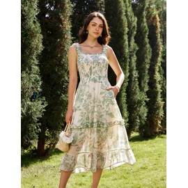 Green Dress Women Vintage Sundresses Smocked Ruffle Floral Dress Green 2XL