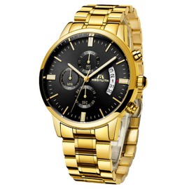 MEGALITH Men's Watch Military Chronograph Men's Waterproof Analogue Watch Large Dial Luminous Date Watches for Men Classic Elegant Gift, A10 Gold Black, Bracelet