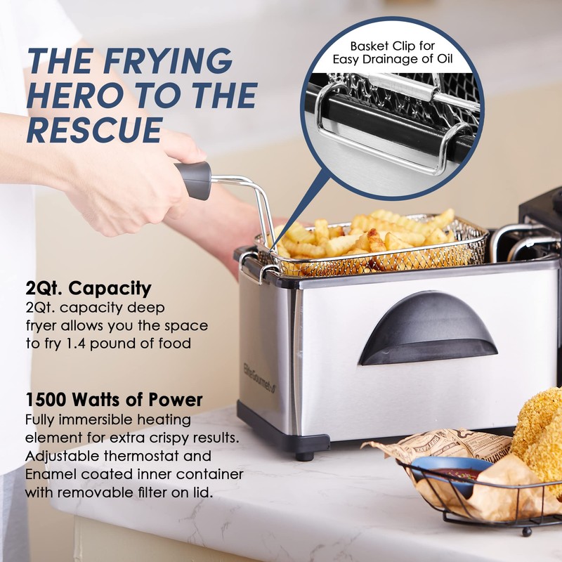 Elite Gourmet EDF2100 Electric Immersion Deep Fryer Removable Basket Adjustable