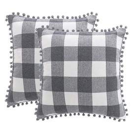 PiccoCasa Pack of 2 Decorative Cushion Covers, Check Throw Pillow Covers with Pom-poms - Classic Retro Cushion Covers for Sofa Bedroom, 45x45cm/18x18 in Throw Pillow Cases Grey and White