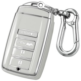 Kirsnda for Acura Key fob Cover case,with Keychain Key Skin fit MDX RDX RLX ILX TLX Smart Remote Key Vehicle Accessories,Soft TPU Key case,4 Buttons(Silver White)