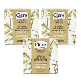 CLERE All Natural Olive Oil Soap – Handmade & Sun-Dried with 100% Pure Ingredients Gentle & Fragrance-Free, 200 Grams - Pack of 3