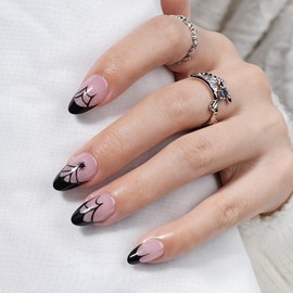 Leefrei Press on Nails - Glossy Black French Tip Press on Nail, Short Almond Fake Nails Reusable Nails Press ons for Women, 32 Pieces in 16 Sizes False Nails Kit with Glue, Dark Veil