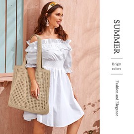 Crochet Tote, Mesh Knitted Shoulder Bag - Large Aesthetic Hobo for Women - Summer (Khaki, Style W)