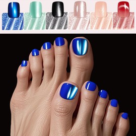 BABALAL 144PCS Press on Toenails Short Square Fake Toe Nails Glitter Shiny False Toenails Pink Nude Black Blue Red Green Cat Eye Glossy Full Cover Acrylic Toenails with Design Toe Nails for Women