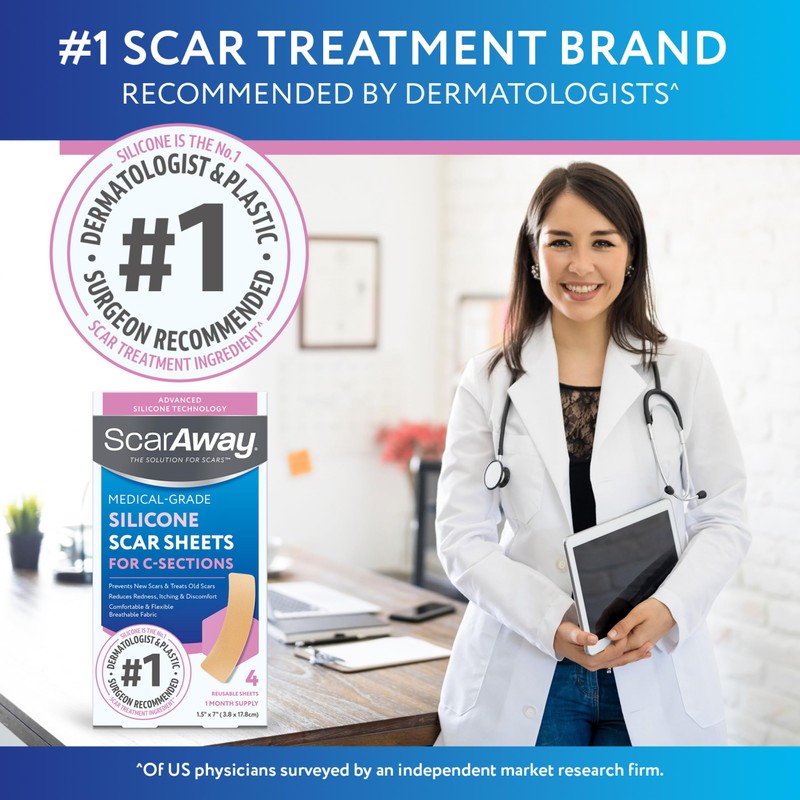 ScarAway Advanced Silicone Scar Sheets for C-Section, Reusable Strips (1.5”