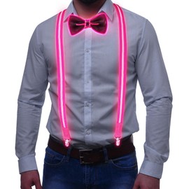 Tulov 2 Pack Luminous Mens LED Braces with Luminous Bow Tie LED Light Up Braces for Bachelor Party Men and Festival Gadget, pink