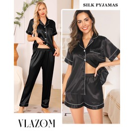 Vlazom Womens Silk Pyjamas, Satin Pyjamas Sets Ladies Silky Sleepwear 3 Piece Short Sleeve Pjs Set Button Down Loungewear Black,XL