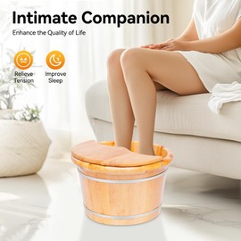 Kaichenyt Wooden Foot Bath Massage Bucket 16 inch Log Color Wood Foot Soaking Tub with Massage Roller & Lid Foot Massager Foot Soaking Bath Basin for Relaxation, Washing and Sauna