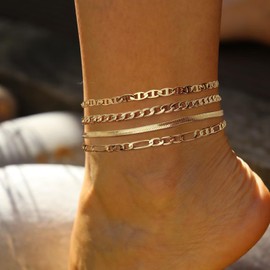 Tasiso Gold Anklets for Women, Ankle Bracelets for Women 14K Gold Filled Anklets Set Layered Cuban Link Herringbone Anklets Summer Beach Jewelry for Women