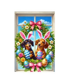 BlissYard Easter Dog Window Cover Dachshunds Dog Backdrop Photography Background with Bunny Ears Floral Wreath Colorful Easter Eggs for Seasonal Spring Door Wall Window Decorations 31 x 47 inch