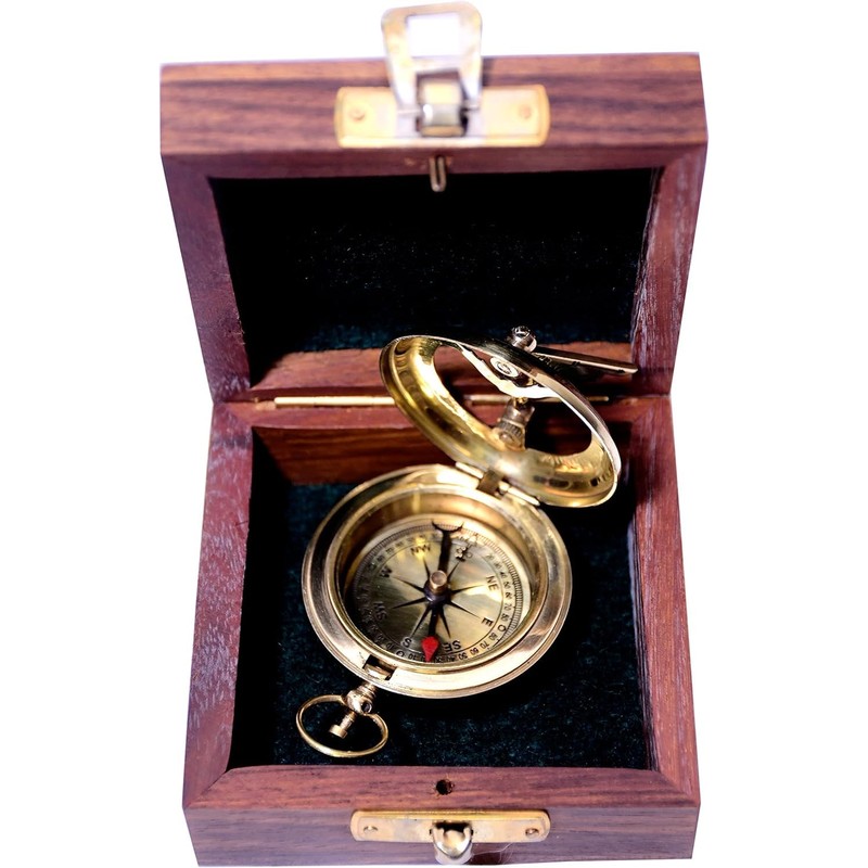 Shiny brass Handmade Push Open Sundial Compass With Rose Wood