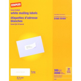 Staples White Inkjet/Laser Address Labels, 1" X 2-5/8", 3,000/Box