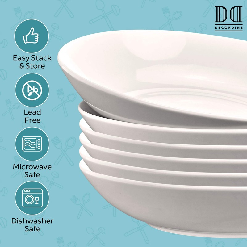 6 Porcelain Pasta Bowls - Bowl Dish Set for Salad,