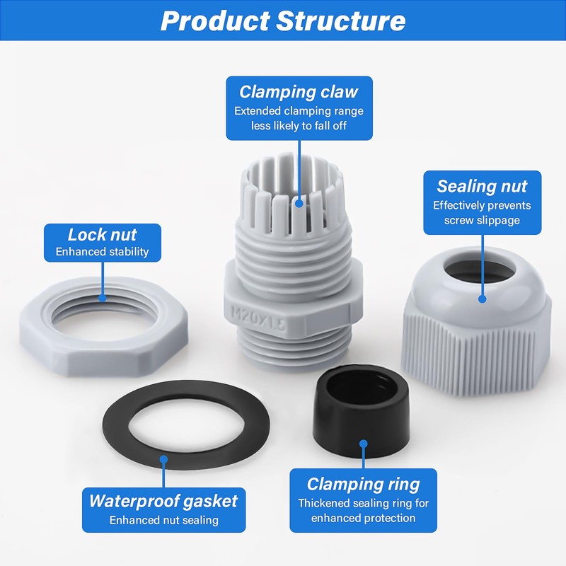 Leyrens 20 Piece Cable Gland Set, IP68 Cable Grommets Waterproof,