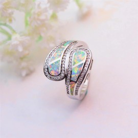 Anillo De Ópalo De Fuego Azul Blanco para Mujer, Anillo De Boda De Color Plateado Único, Anillos De Compromiso De Promesa para Mujer