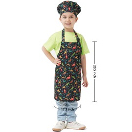 ALIPOBO Kids Apron and Chef Hat Set, Children's Kitchen Cooking Aprons with 2 Pockets for Boys Girls Toddler Painting Baking (Dinosaur Black, 2-5 Years)