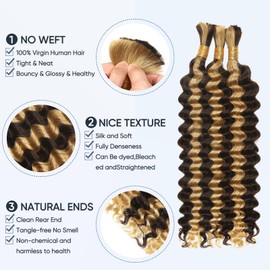 Human Braiding Hair for Boho Braids,150g 16 inch 3 Bundles Highlight Deep Water Wave Bulk Boho Curly Human Hair Bundle for Braiding,4/27 Honey Blonde No Weft Wet and Wavy braiding Hair Extensions