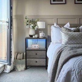 BOLUO Grey Nightstands Set of 2, Bedroom Night Stand Set Two Nightstand with Charging Station and LED Light, Bedside Table with 2 Fabric Drawers Grey