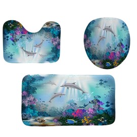 3Pcs Sea World Dolphin Bath Rug Set, Non-Slip Bath Mat, Toilet Lid Cover and U-Shaped Contour Rug Absorbent Washable Bathroom Rug Set(Toilet Set)