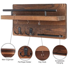 Sonhomay Wall Mounted Key Holder Wooden Mail Organizer Holder Key Rack Hangers with 2 Double Key Hooks and A Floating Shelf Home Decor for Entryway Mudroom Office Door 12x7x3 inch