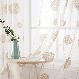 MIULEE Sheer voile floral embroidery curtains with eyelets, transparent curtain, 2 pieces, eyelet curtain, gauze, pair scarves, window curtain for living room, bedroom, set of 2