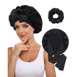 100% Mulberry Silk Bonnet for Women Hair Bonnet for Sleeping with Hair Scrunchy Elastic Tie Band Night Cap(Black)