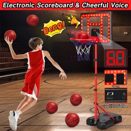 GMAOPHY Kids Basketball Hoop Adjustable Height 3.5FT-6.2FT, Indoor Outdoor Toddler Basketball Hoop with LED Scoreboard, Boys Basketball Toy for 3 4 5 6 7 8 Years Gift, Portable Basketball Goals Sport Game