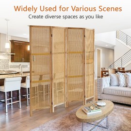 Leesinwing 4 Panels Room Dividers, Hand-Woven Rattan Room Divider and Folding Privacy Screens, Wood Room Divider Wall Freestanding Room Partitions Screen for Home Office Bedroom, Light Brown