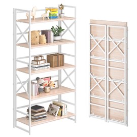 4NM 5 Tiers No Assembly Book Shelves, 51.2" H Folding Bookshelf Bookcase Open Industrial Foldable Shelves for Bedroom, Living Room, Home Office - Natural White