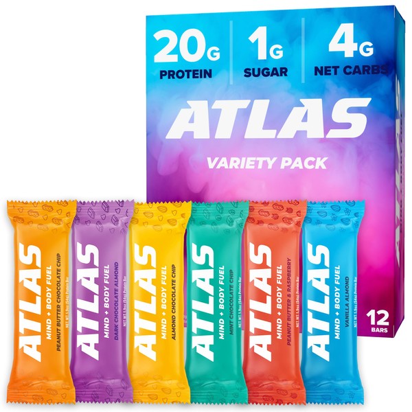 Atlas Protein Bar, 20g Protein, 1g Sugar, Clean Ingredients, Gluten Free, Whey Variety (12 Count, Pack of 1)