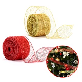 2 Pieces Christmas Mesh Ribbon Christmas Glitter Mesh Ribbon DIY Crafts for Christmas Tree Decoration