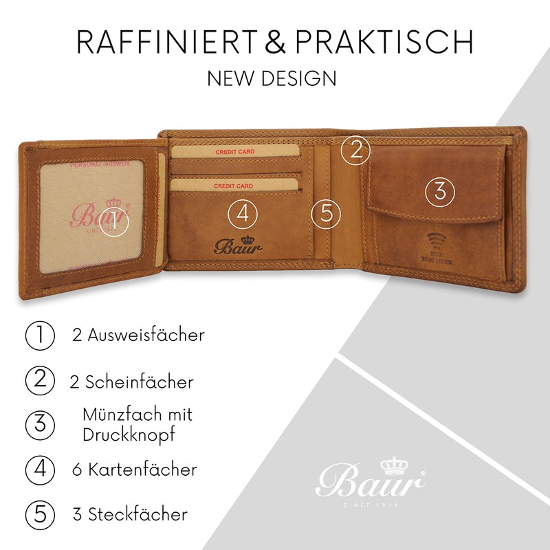 Baur Men's Genuine Leather Wallet with RFID Protection, Landscape Format,