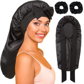 Long Bonnet with Tie Band, Satin Bonnet Hair Bonnet Silk Bonnet for Sleeping Women, Sleep Bonnets for Curly Hair Braids Black