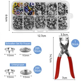 Press Studs Set with Pliers, 200 Sets Metal Press Studs, 9.5 mm Sew-Free, DIY Buttons Accessories, Rustproof, Buttons for Sewing, Universal Button Tools for Clothes, Bags & Crafts, 10 Colours