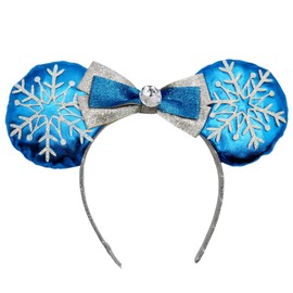 Needzo Blue and Silver Snowflake Mouse Ears Headband with Bow, 2023 Holiday Headbands for Women, Christmas Accessories to Wear, One Size Fits Most