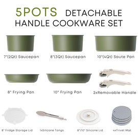 Caannasweis Detachable Nonstick Cookware Set - Stackable Induction Pots and Pans With Removable Handles, Dishwasher Safe - For RV Camping, Oven and Stovetop Use, 5 Pieces (5 Pots Green)